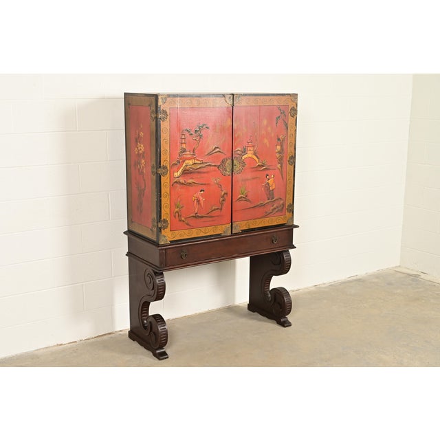 Berkey & Gay Hollywood Regency Chinoiserie Red Lacquered Hand Painted Bookcase or Bar Cabinet, Circa 1920s For Sale - Image 4 of 17
