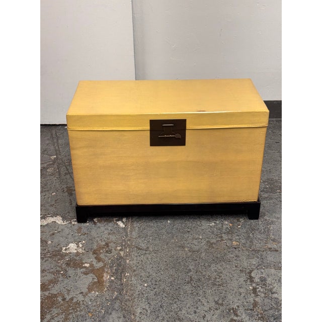 Chinese Lift-Top Yellow Leather Trunk, Vintage For Sale - Image 11 of 12