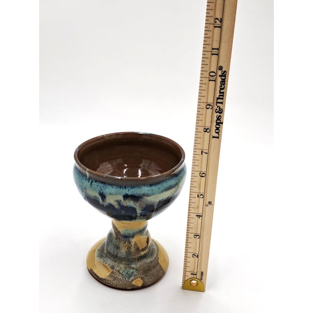 Abstract Vintage Handmade Artisan Blue/Teal/Cream Abstract Studio Pottery Goblet For Sale - Image 3 of 7