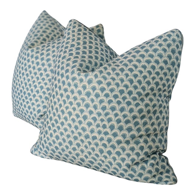 Brunschwig & Fils Aqua Pave Print Pillows - Set of 2 For Sale