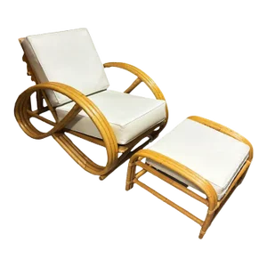 Restored 3-Strand 3/4 Pretzel Rattan Adjustable Reclining Lounge Chair W/ Ottoman