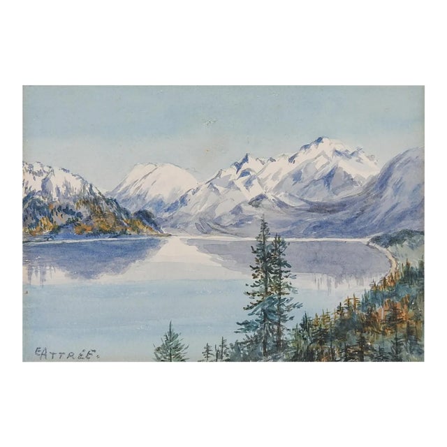 Small Early 20th Century Mountain Lake Landscape Watercolor Painting For Sale