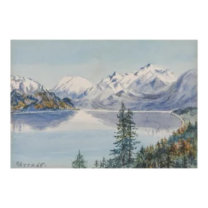 Small Early 20th Century Mountain Lake Landscape Watercolor Painting