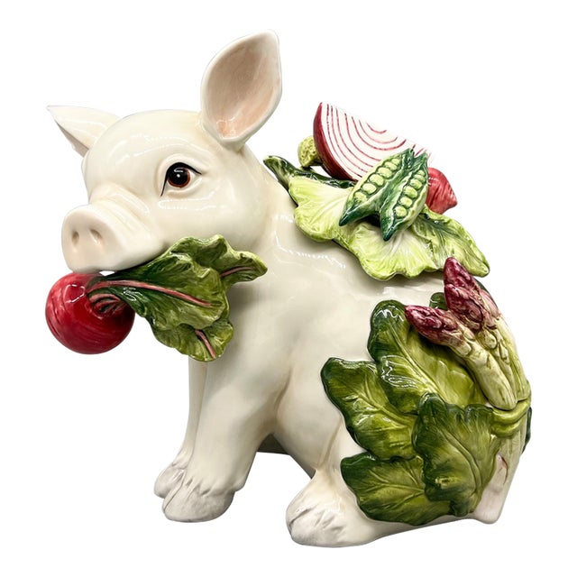 Fitz & Floyd French Market Pig Lidded Jar With Vegetables – Whimsical Farmhouse Kitchen Decor - Farmhouse, French Country, Cottagecore For Sale