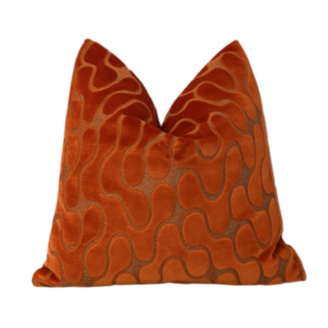 Mid-Century Modern Abstract Style Orange Velvet Feather/Down Pillow For Sale - Image 4 of 6