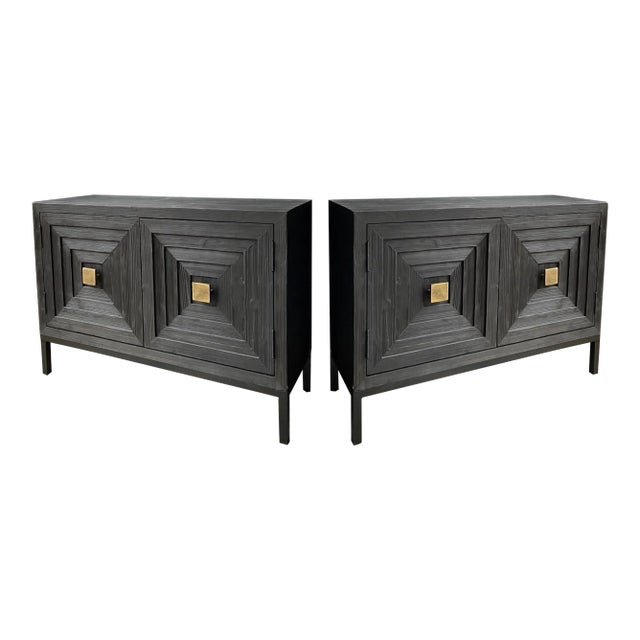 New Uttermost Organic Modern Distressed Black and Gilt Cabinets - Pair For Sale
