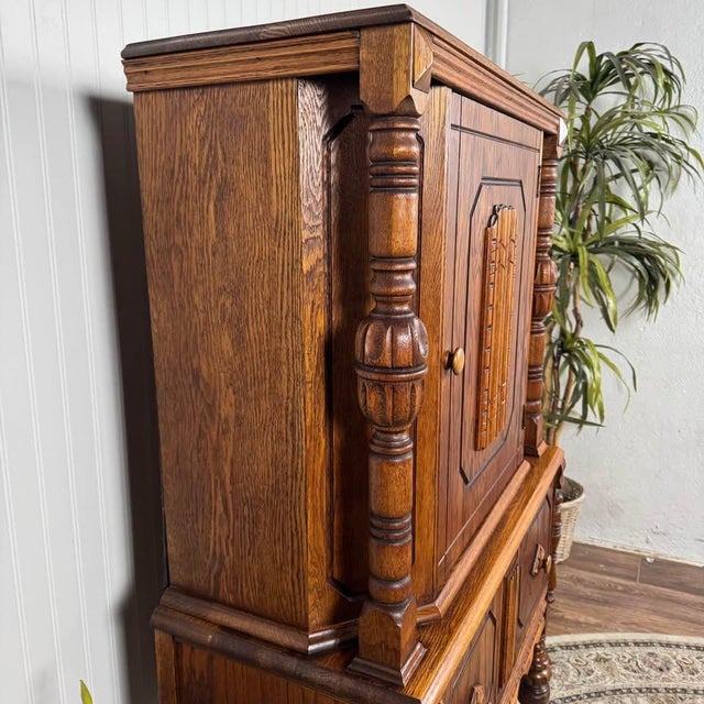 Wood Antique 1920s Jacobean Art Deco Oak Cabinet For Sale - Image 7 of 10