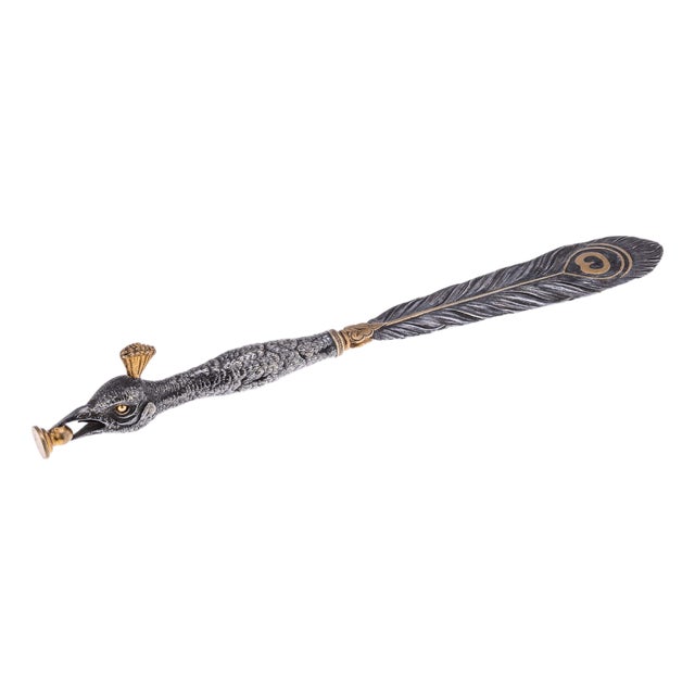 Antique 20th Century Silver Plate & Brass Peacock Letter Opener, 1890s For Sale