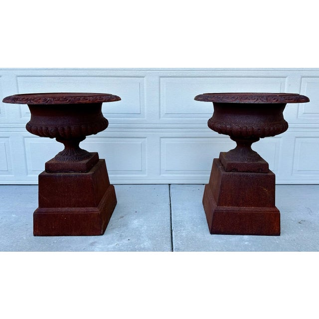 19th Century Large Cast Iron Urns With Pedestals - a Pair For Sale - Image 11 of 12
