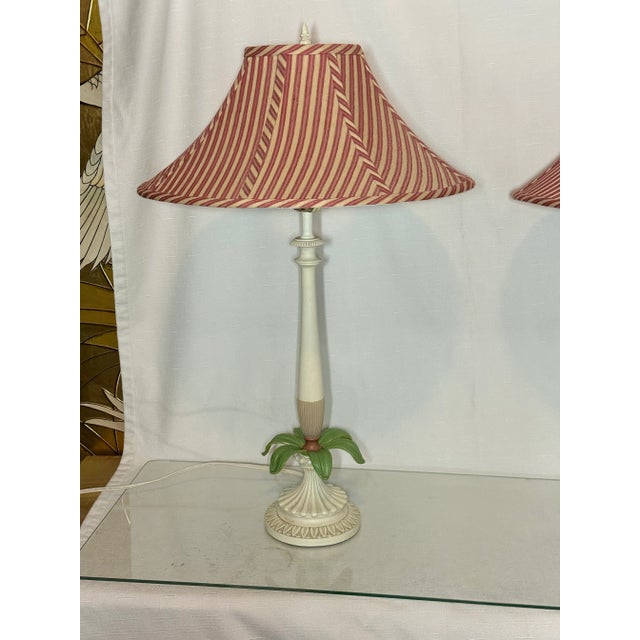 Chic Vintage Palm Beach Regency Palm Tree Table Lamps - Striped Empire Shade – Charming Coastal Decor – A Pair For Sale In Mobile - Image 6 of 12