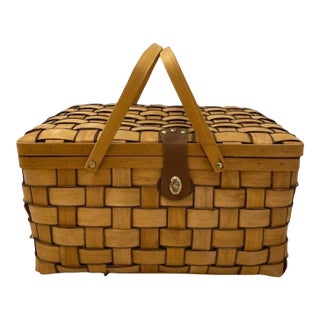 Mid 20th Century Vintage Picnic Woven Basket With Dining Set- 21 Pieces For Sale