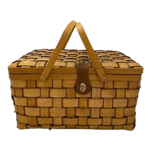 Mid 20th Century Vintage Picnic Woven Basket With Dining Set- 21 Pieces