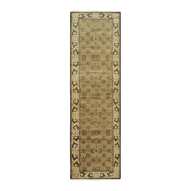 3x10 Green Hand-Knotted Wool Scrolled Leaf Border Geometric Modern Carpet Rug For Sale