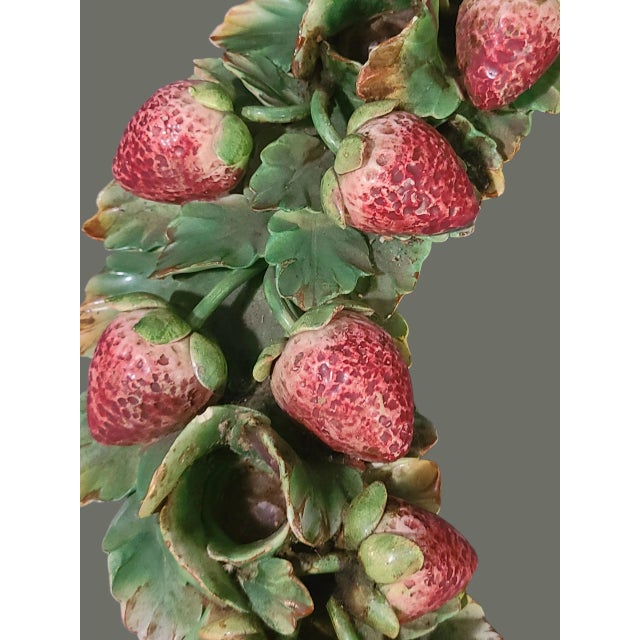 Ceramic Vintage Pair Italian Majolica Hand Painted Fruit George Jones Style Strawberry Candle Holders For Sale - Image 7 of 14