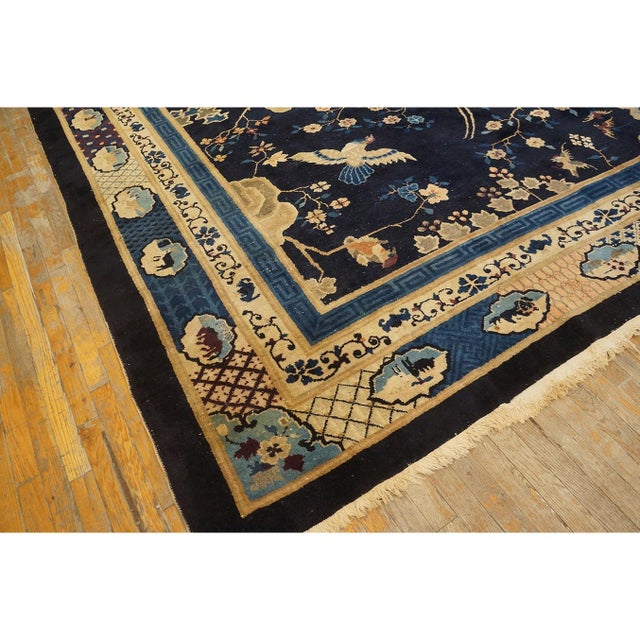 1920s Antique Navy Blue Deco Classical Chinese Garden Scene Peking Room Size Rug For Sale - Image 4 of 9