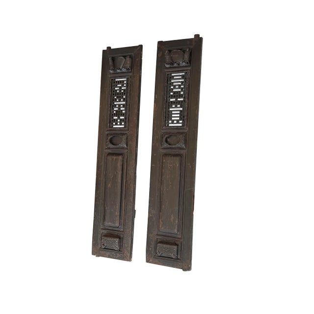 Chinese Pair Vintage Chinese Brown Fujian Style Carving Wood Wall Door Panels For Sale - Image 3 of 12