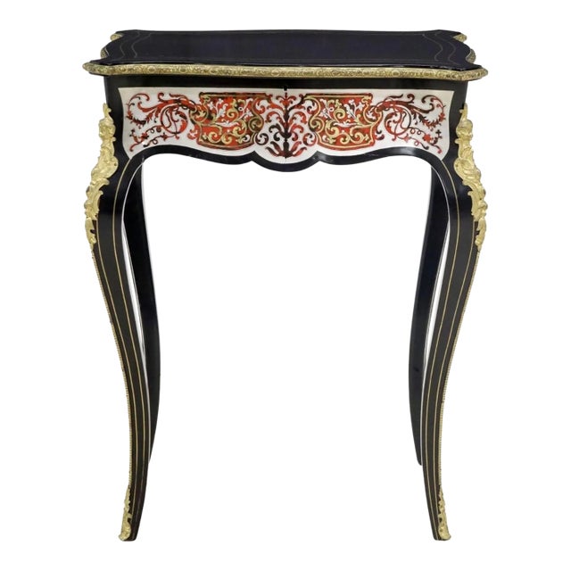 19th Century French Napoleon III Period Louis XV Ebonized Silver Boulle Marquetry Dressing Side Table For Sale