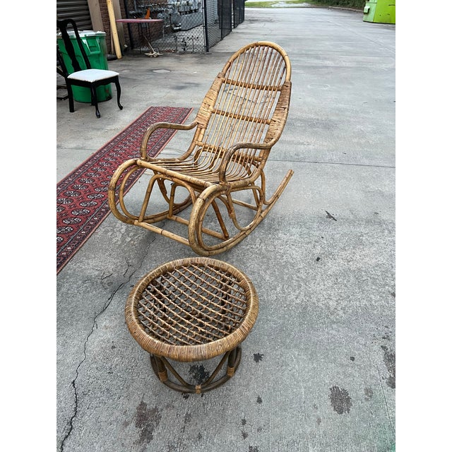 Brown 1970s Franco Albini Style Rocking Chair and Matching Stool For Sale - Image 8 of 8