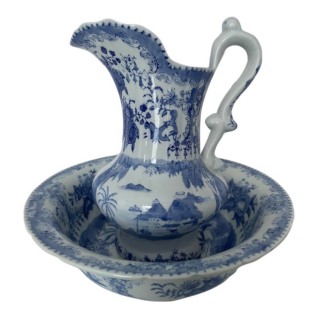 1980s Vintage Blue and White Asian Jug and Basin Set For Sale