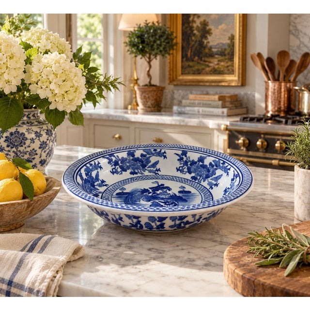 A classic large Chinoiserie blue and white porcelain shallow bowl, planter, or decorative charger plate. The painted...