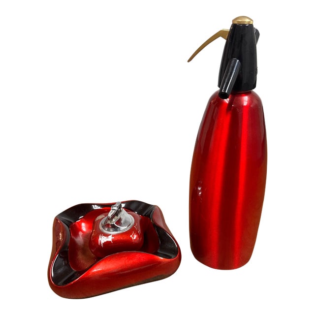 Vintage iSi Austria Red Soda Siphon, Ashtray + Table Lighter Set For Sale