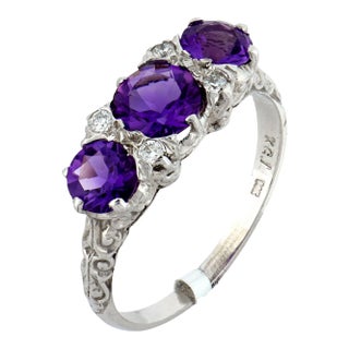 1990s Art Deco Inspired Amethyst Diamond 14k White Gold Ring, Size 6.5 For Sale