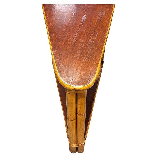 1950s 1950s Restored Mid-Century Rattan & Mahogany 2-Strand Wedge Side Table W/ Bottom Shelf For Sale - Image 5 of 6