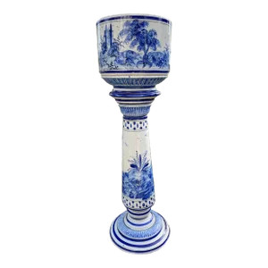 Early 1900s Antique Blue & White Hand Painted Jardiniere Planter Flower Pot on Pedestal - 2 Piece Set