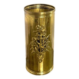 Vintage English Brass Embossed Umbrella Stand For Sale