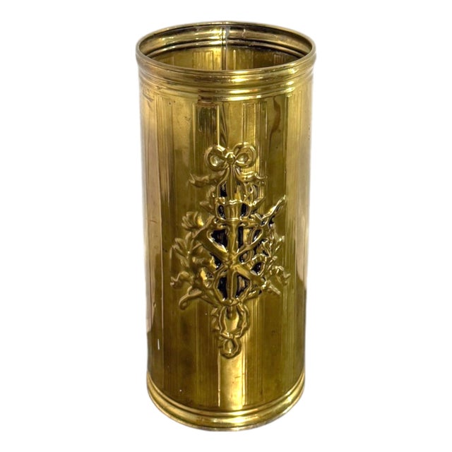 Vintage English Brass Embossed Umbrella Stand For Sale