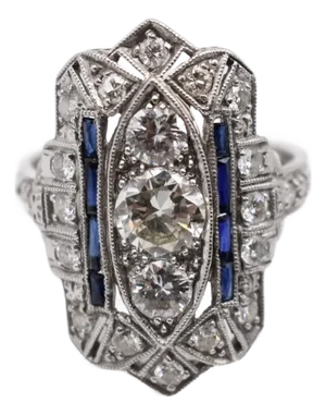 Mid 20th Century Geometric Face Diamond and Sapphire Ring, Size 6.5