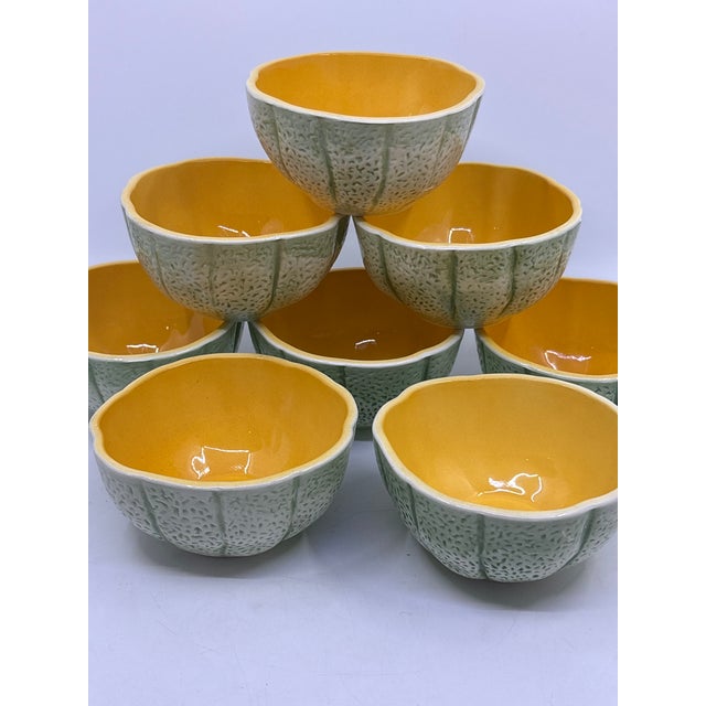 Orange Vintage 1970s Shafford Orange and Green Cantaloupe Bowls - A Set of 8 For Sale - Image 8 of 9