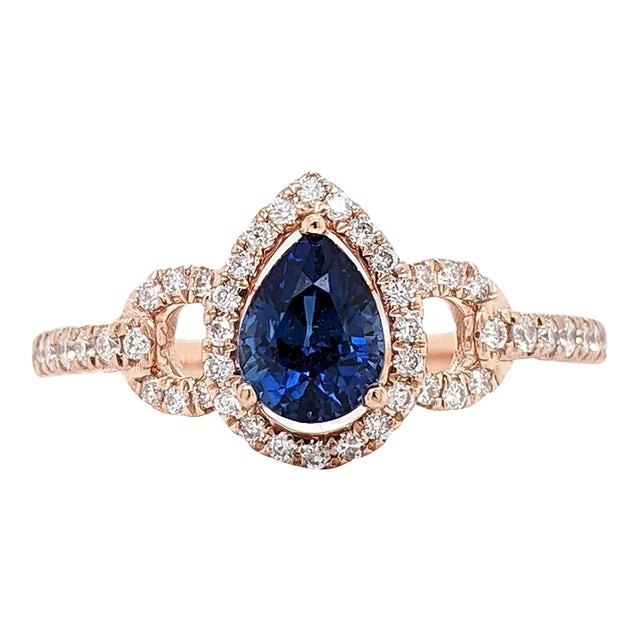 Blue Ceylon Sapphire Ring with Earth Mined Diamonds in Solid 14k Rose Gold Pear 6x4 For Sale