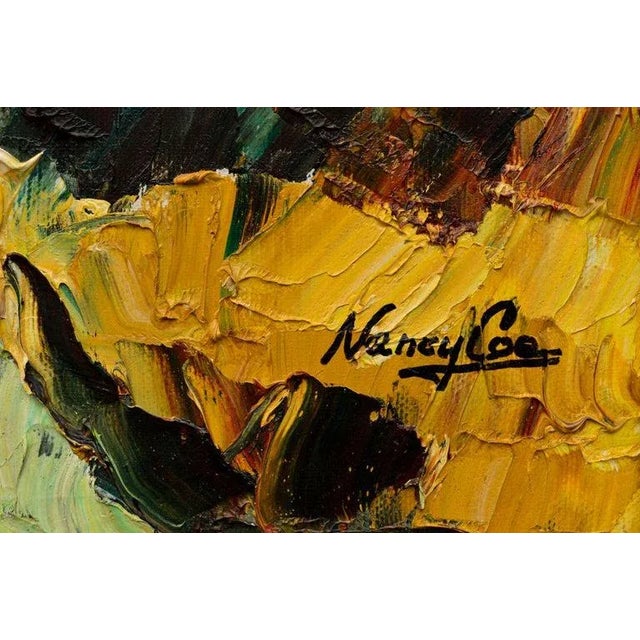 Bold landscape of Mt. Rose in oil by Nancy Coe (American, 1932-1998). Circa 1968. This piece has evocative, heavy textures...