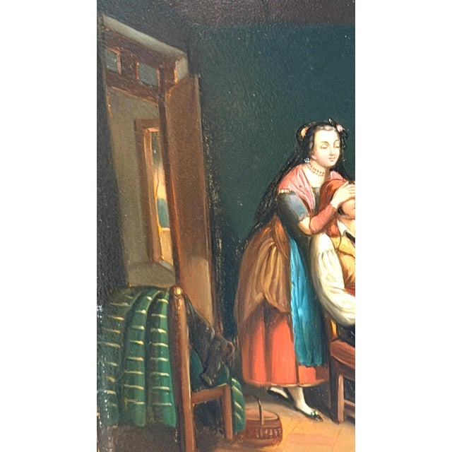 Mid 19th Century 19th Century Biedermeier Genre Painting “The Surprise" Oil on Tin Original Frame For Sale - Image 5 of 14