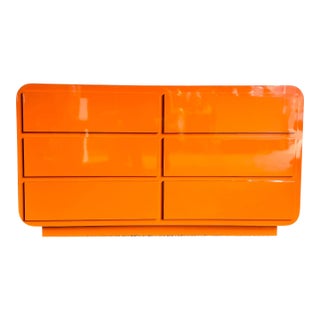 Postmodern Tangerine Orange Lacquer Laminate Waterfall Dresser For Sale