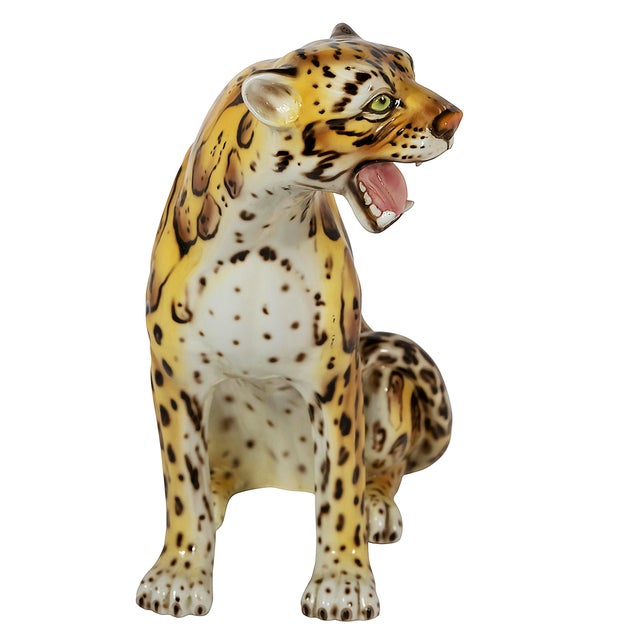 Large Vintage Italian Glazed Ceramic Serval Sculpture, 1980s For Sale - Image 4 of 7