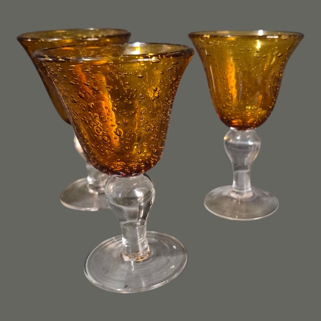 Vintage Set of Four Amber Hand Blown Art Glass Controlled Bubble Goblets For Sale - Image 4 of 8