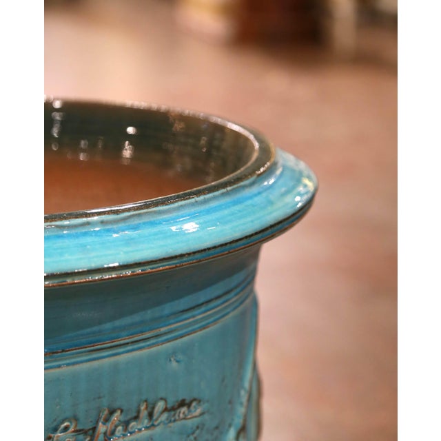 French Pair of French Turquoise Glazed Terracotta Planters by La Madeleine in Anduze For Sale - Image 3 of 12