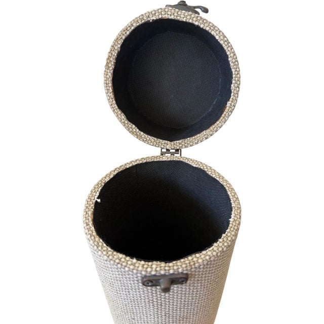 Tan Late 20th Century Rustic Wine Bottle Case With Woven Fabric & Brown Stitched Trim, Cylindrical Wine Gift Box, Metal Ring Handle For Sale - Image 8 of 11