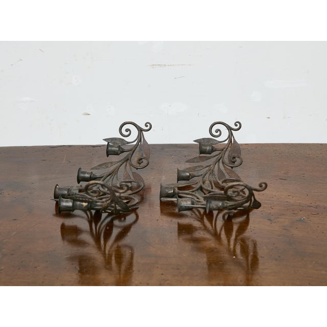 French Pair of French Midcentury Iron Candleholders With Leaf and Scroll Motifs For Sale - Image 3 of 6