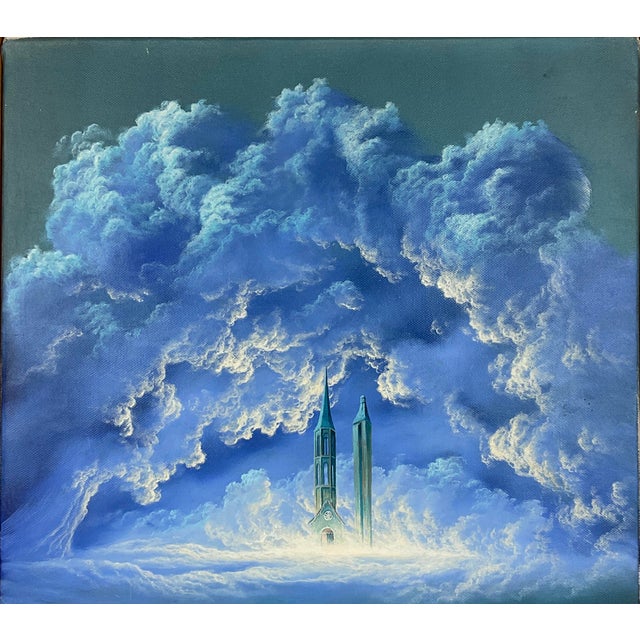 Surrealist Cloudscape Painting With Cathedral Towers, Manner Magritte For Sale - Image 4 of 8