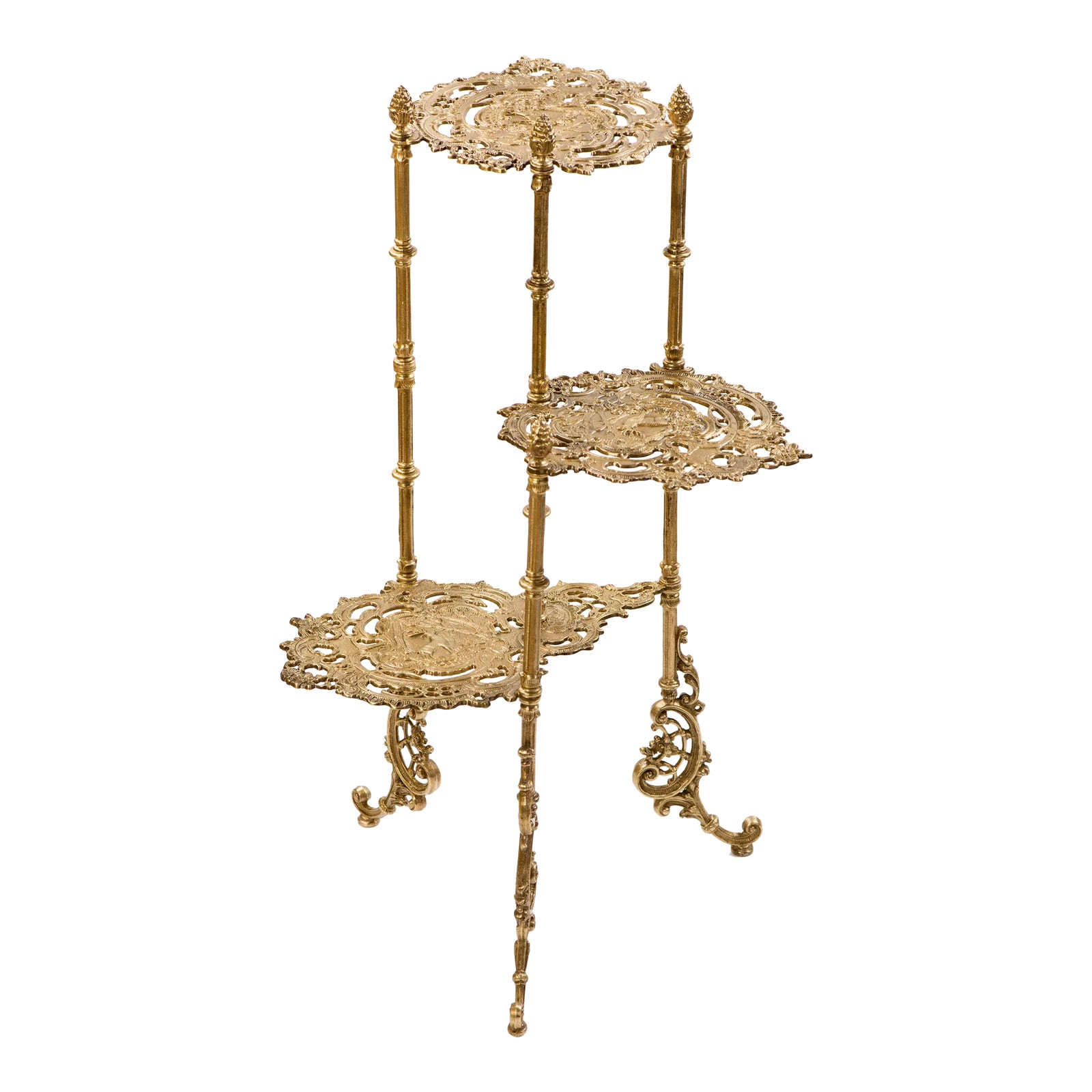 Vintage 1960s Ornate Brass 3-Tier Side Table or Plant Pot Stand
