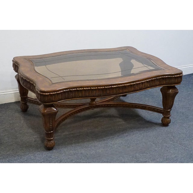 Drexel Drexel Heritage Talavera Collection Walnut Contemporary Spanish Mediterranean 52" Accent Glass-Topped Coffee Table 532-107 For Sale - Image 4 of 10