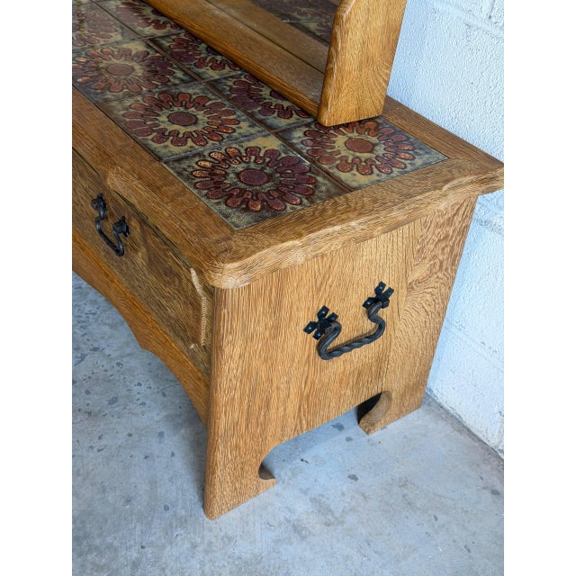 Wood Vintage Danish Oak Entryway Table With Mirror & Tile Top Henning Kjærnulf Style For Sale - Image 7 of 10