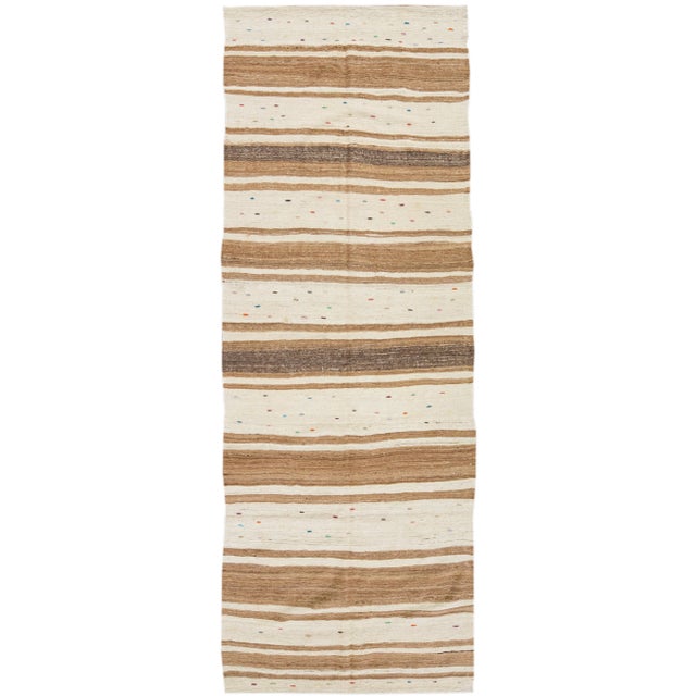 Vintage Turkish Kilim Flatweave Beige Stripes Wool Runner For Sale - Image 9 of 9