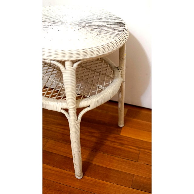 Mid 20th Century White Wicker Round Two Tier Side Table For Sale - Image 12 of 13