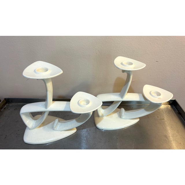 1950s-60s white ceramic midcentury double candle holders/stands; set of two. Excellent condition.