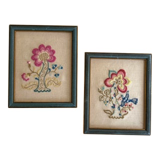 Vintage Framed Crewel Floral Embroidery Blue - A Pair For Sale