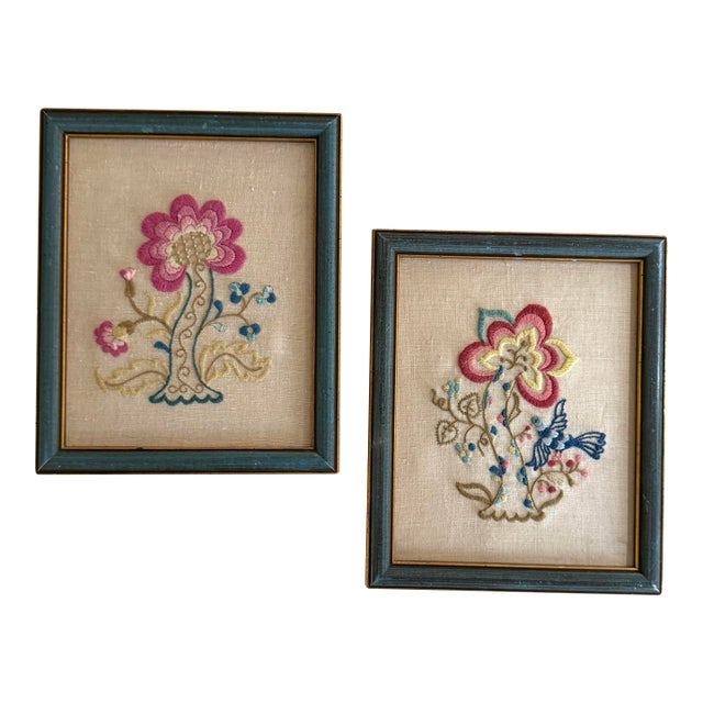 Vintage Framed Crewel Floral Embroidery Blue - A Pair For Sale